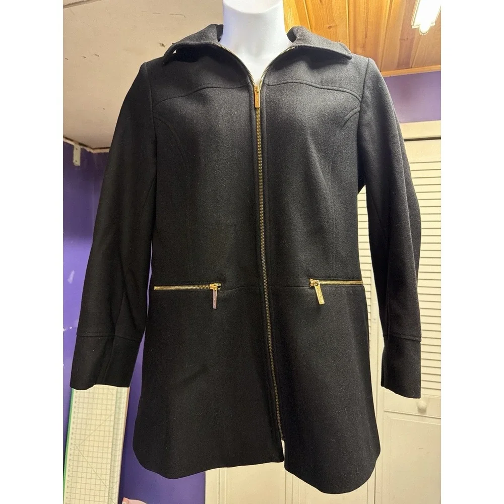 Michael Kors Black Hooded Wool Blend Coat Gold Zip Womens Approx XL